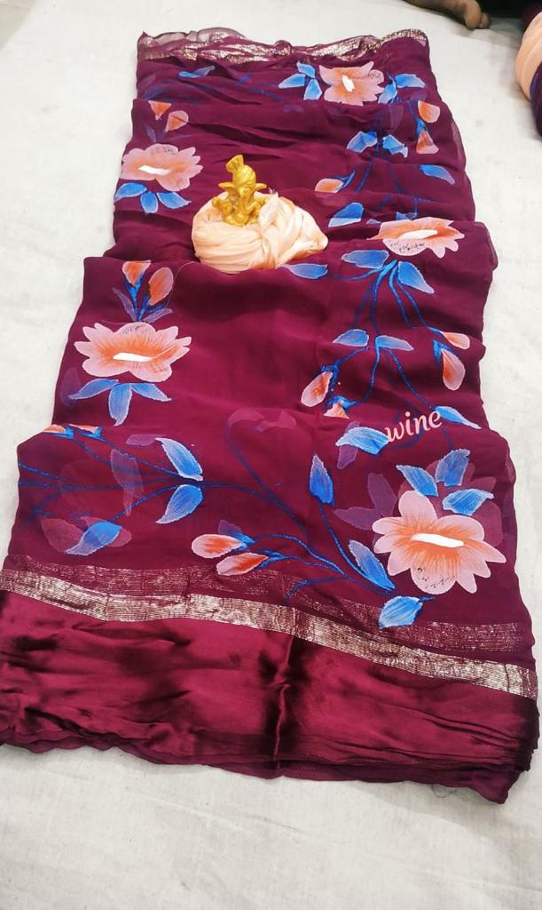 Hand Painted Floral Georgette Saree - KANHASAREE