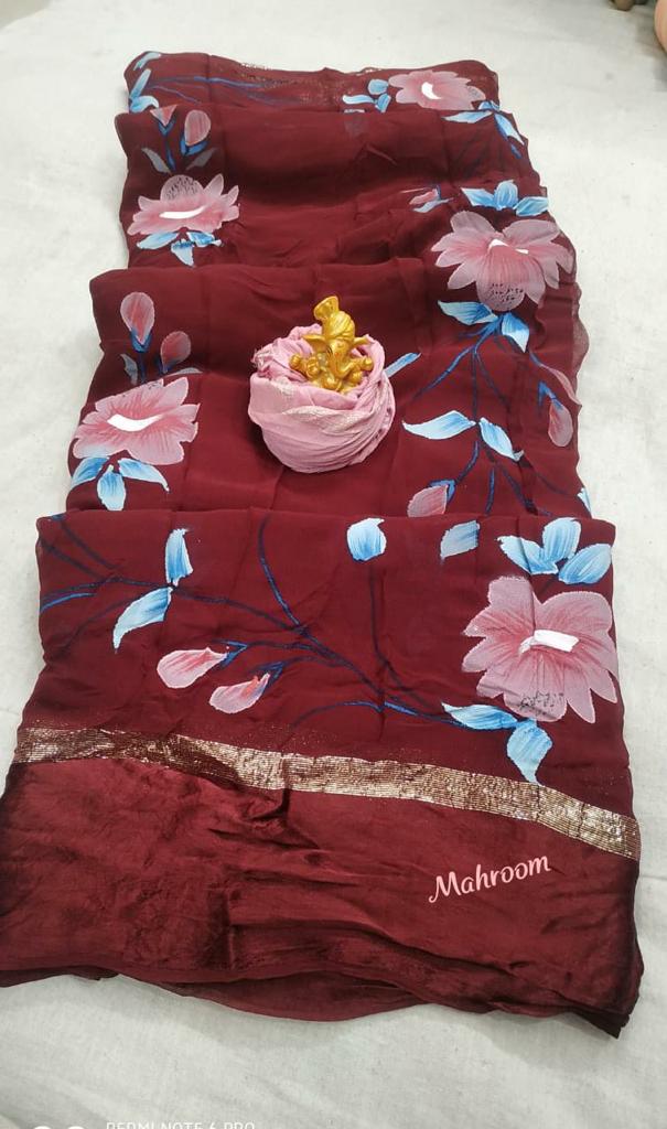 Hand Painted Floral Georgette Saree - KANHASAREE