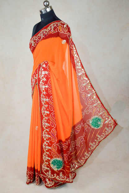 Traditional Rajasthani Pure Georgette Gotapatti Saree with Beautiful Borders - KANHASAREE