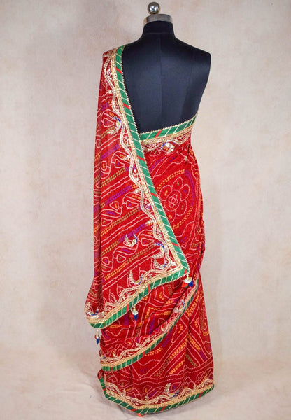 Traditional Red Chunri Bandhani Gota Patti Handwork Saree - KANHASAREE