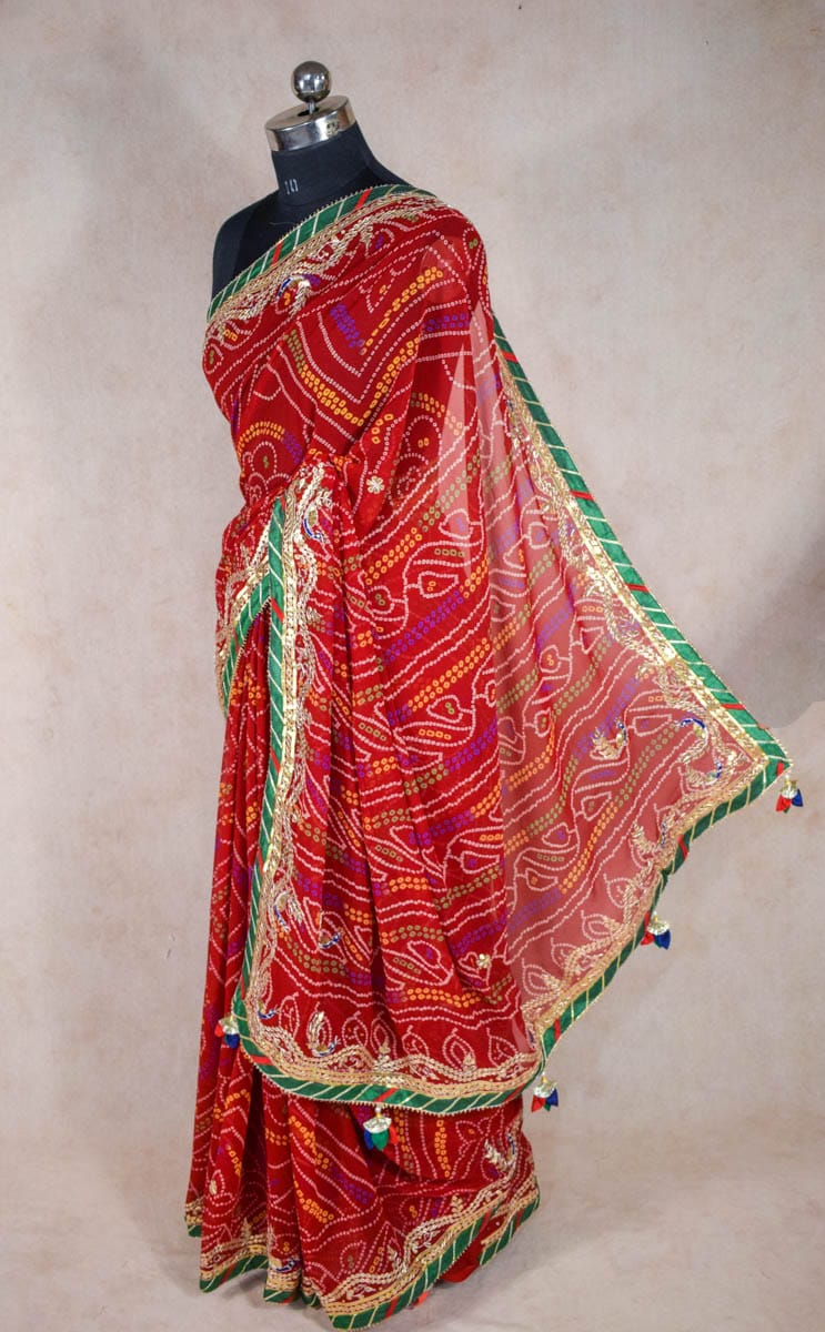 Traditional Red Chunri Bandhani Gota Patti Handwork Saree - KANHASAREE