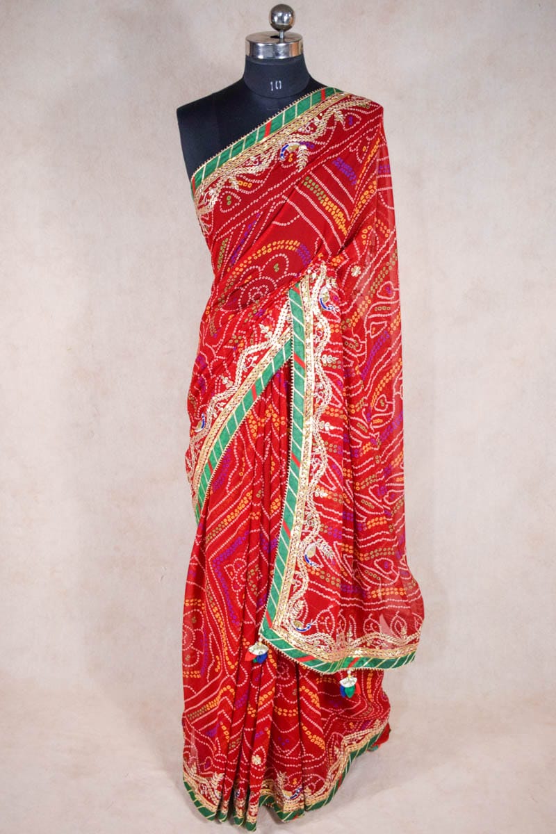 Traditional Red Chunri Bandhani Gota Patti Handwork Saree - KANHASAREE