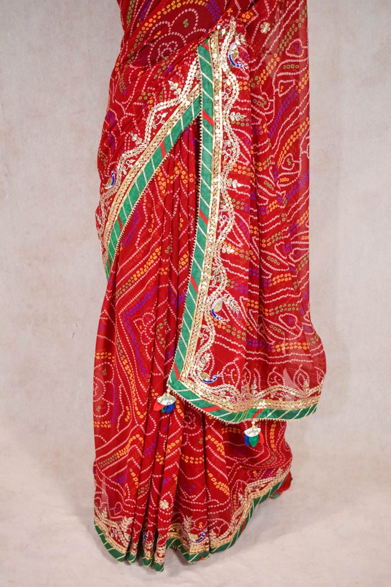 Traditional Red Chunri Bandhani Gota Patti Handwork Saree - KANHASAREE