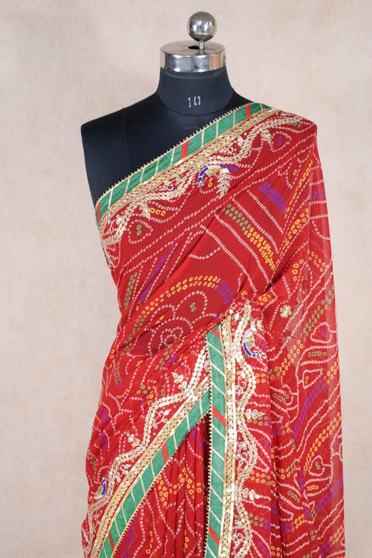 Traditional Red Chunri Bandhani Gota Patti Handwork Saree - Kanhasarees by ksds