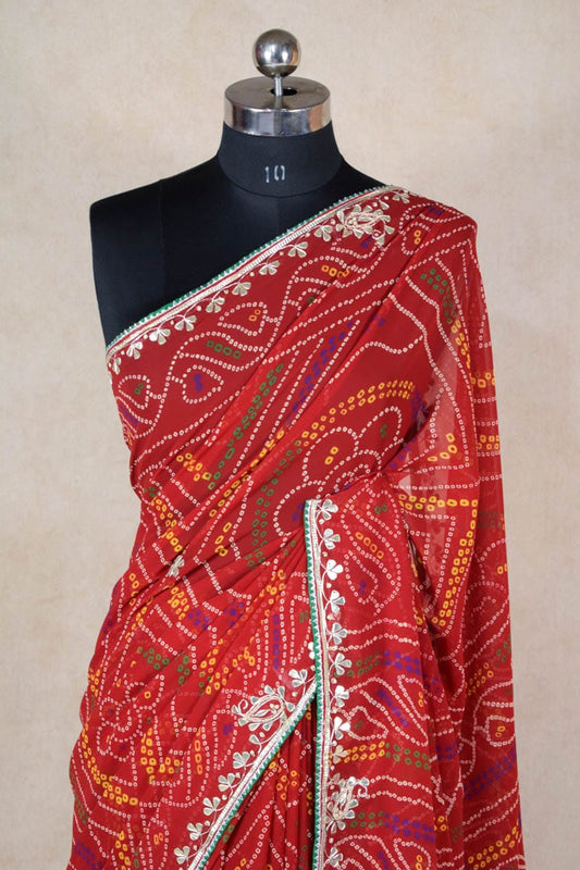 Light gota patti saree in red Bandhej with beautiful tassels on pallu - Kanhasarees by ksds