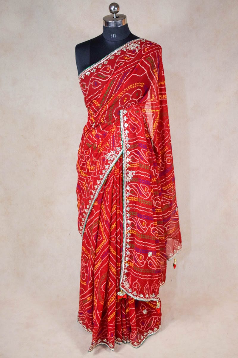 Light gota patti saree in red Bandhej with beautiful tassels on pallu - KANHASAREE