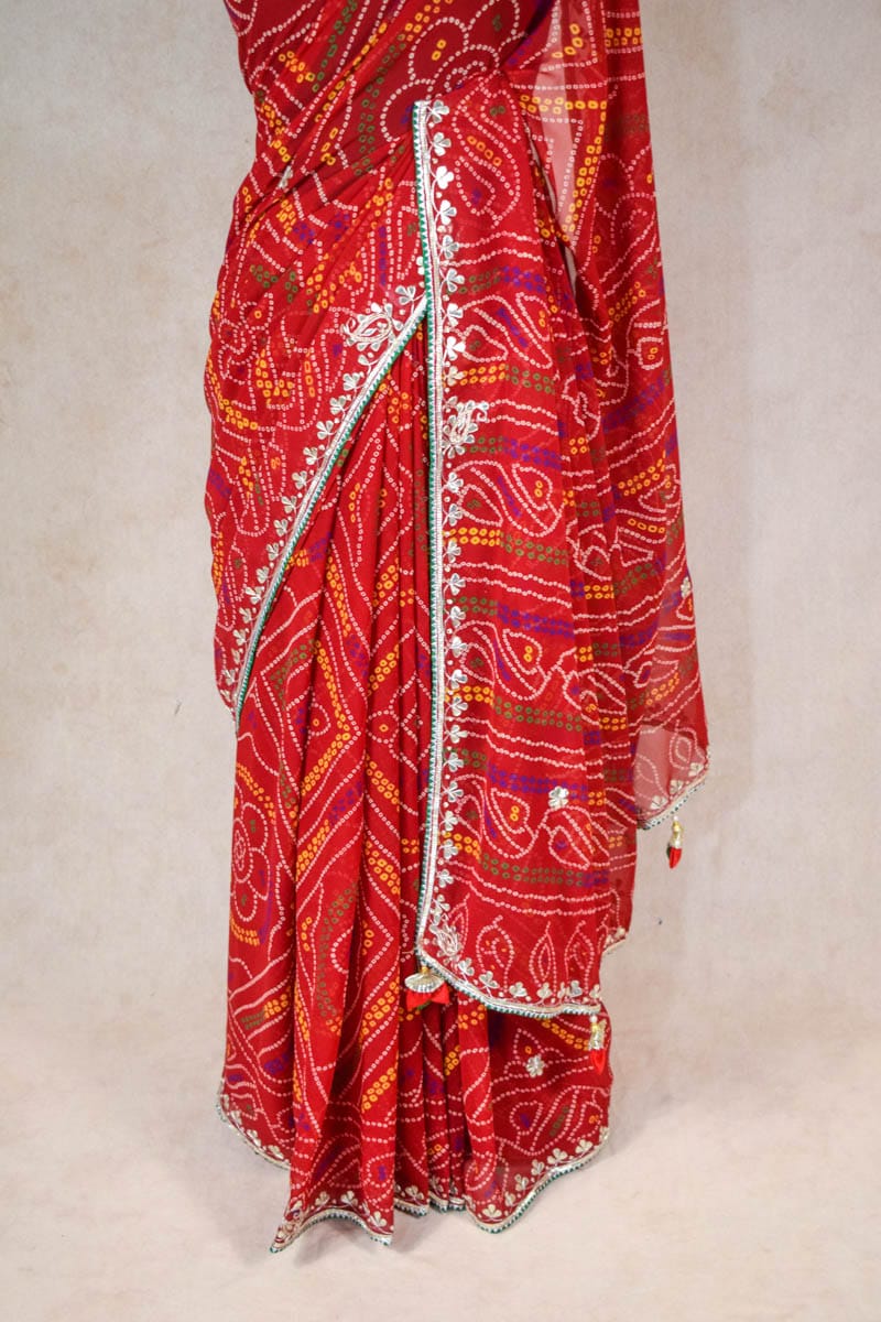 Light gota patti saree in red Bandhej with beautiful tassels on pallu - KANHASAREE