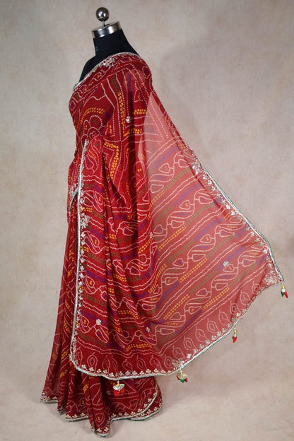 Light gota patti saree in red Bandhej with beautiful tassels on pallu - KANHASAREE