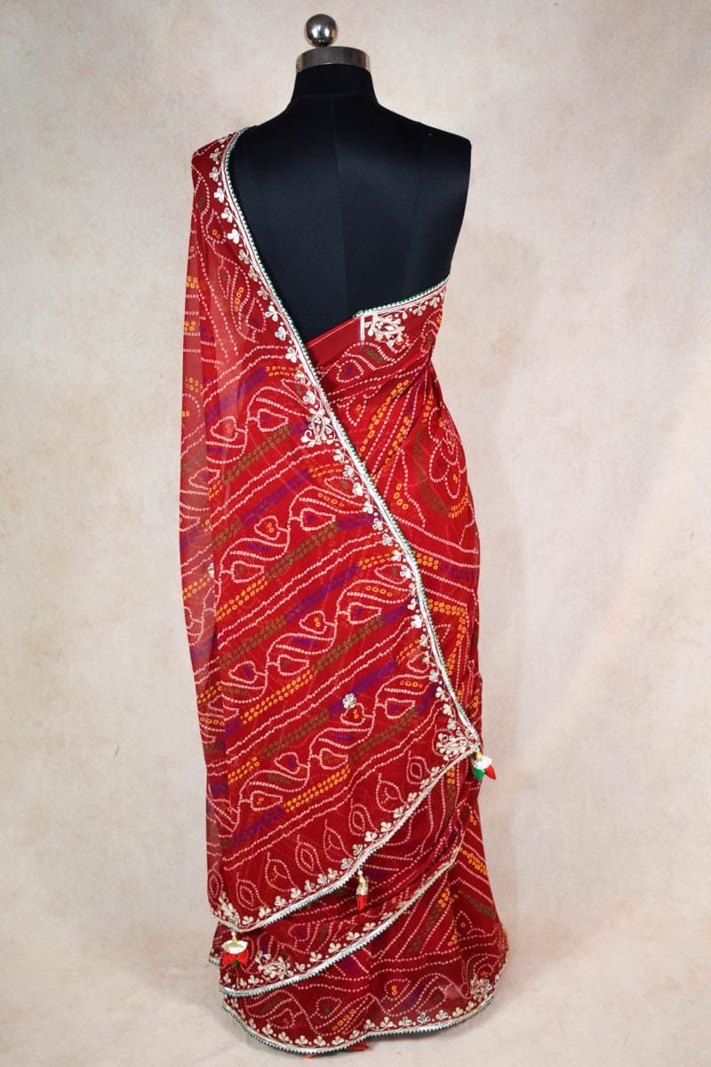 Light gota patti saree in red Bandhej with beautiful tassels on pallu - KANHASAREE