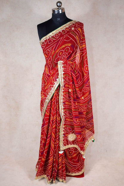 Traditional Jaipuria Georgette Gota Patti Bandhani Saree with Beautiful Borders - KANHASAREE