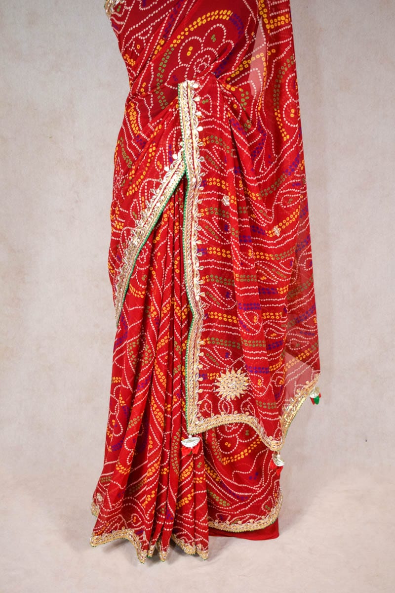 Traditional Jaipuria Georgette Gota Patti Bandhani Saree with Beautiful Borders - KANHASAREE