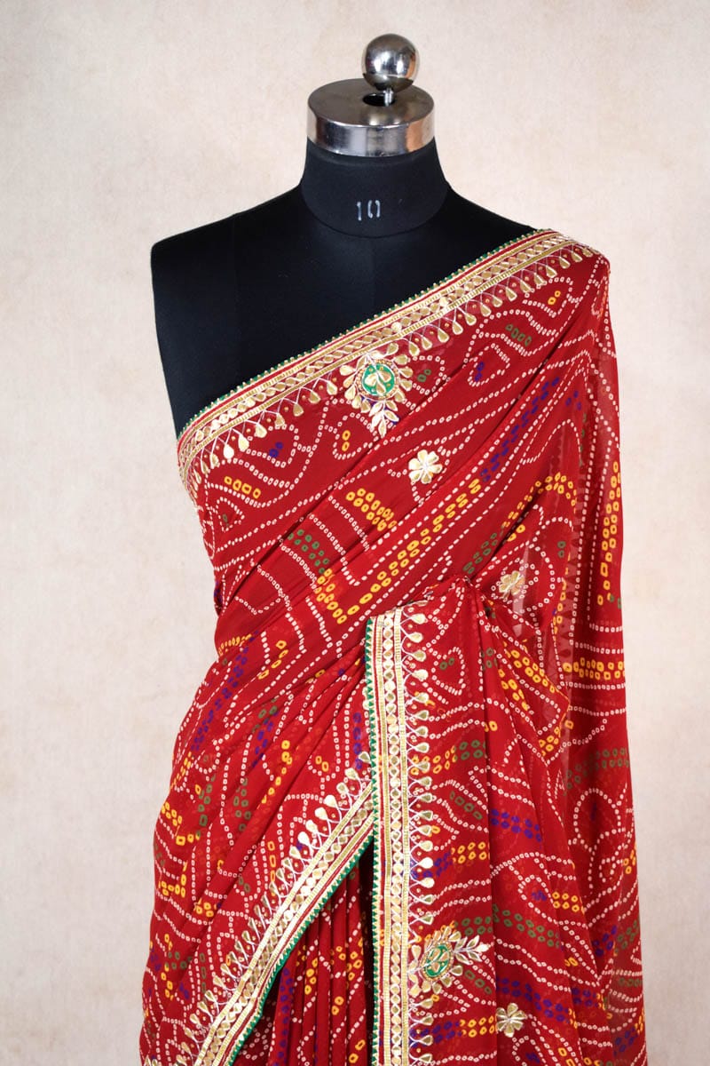 Bandhej Saree With Heavy Gota Patti Work On All Borade Side Hand Work party  | eBay