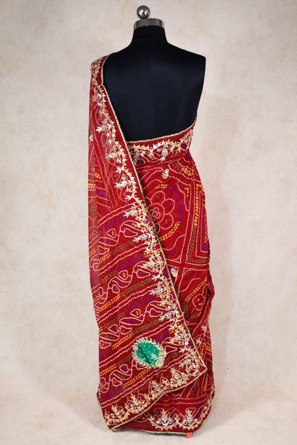 Traditional Bandhani Gota Patti Handwork Saree with Heavy Butis and Green Highlight - KANHASAREE