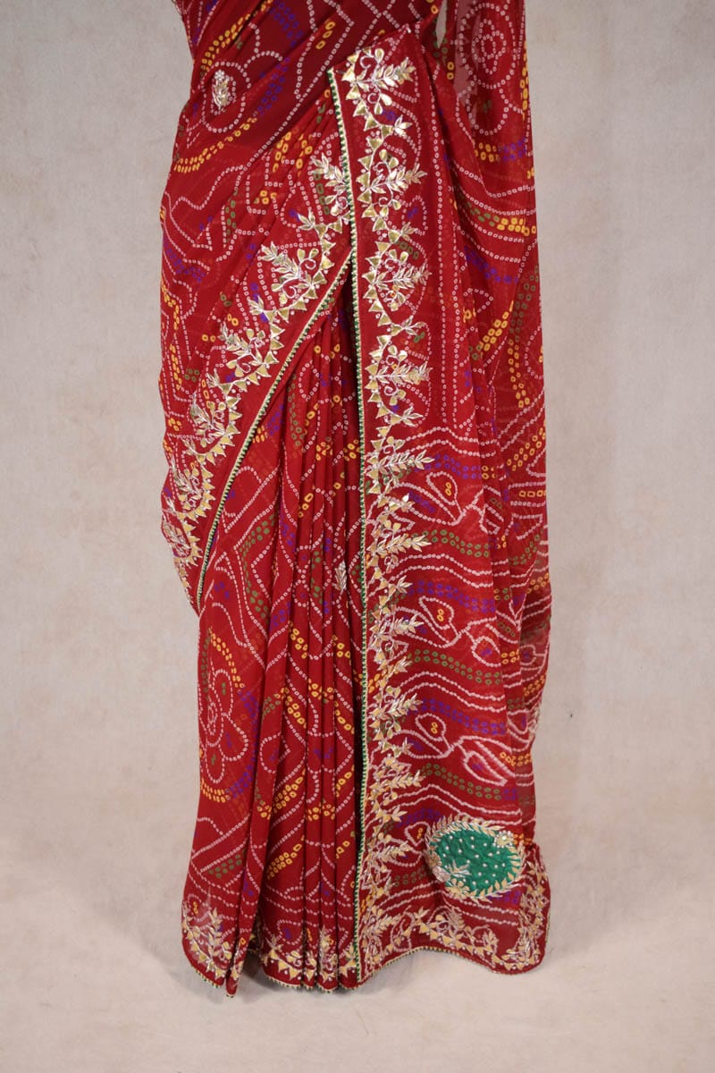 Traditional Bandhani Gota Patti Handwork Saree with Heavy Butis and Green Highlight - KANHASAREE