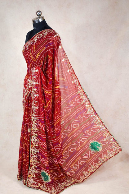 Traditional Bandhani Gota Patti Handwork Saree with Heavy Butis and Green Highlight - KANHASAREE