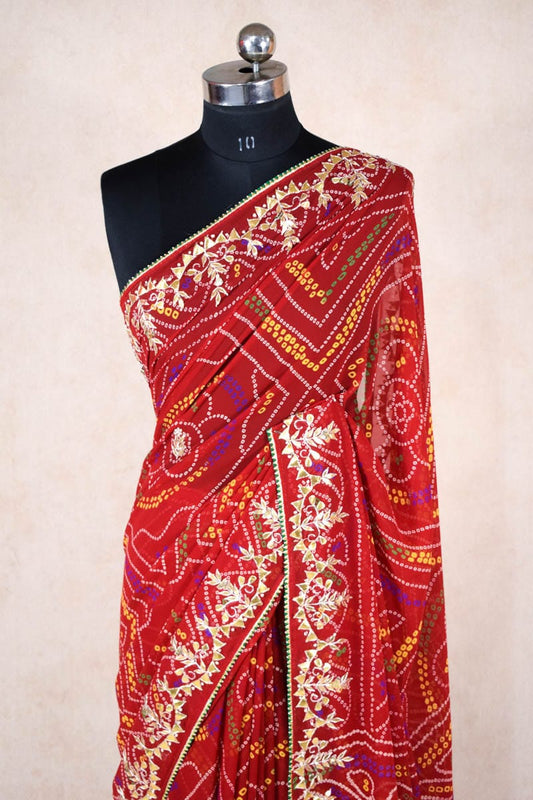 Traditional Bandhani Gota Patti Handwork Saree with Heavy Butis and Green Highlight - Kanhasarees by ksds