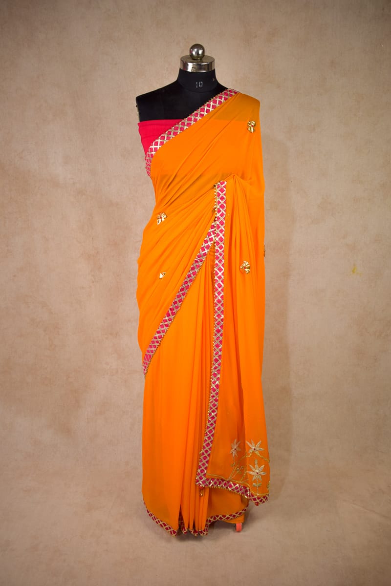 Georgette Gota Work Saree with Pink Gota Checks Border - KANHASAREE