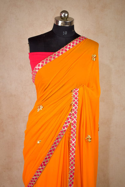 Georgette Gota Work Saree with Pink Gota Checks Border - KANHASAREE