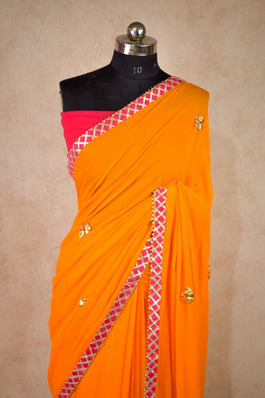 Georgette Gota Work Saree with Pink Gota Checks Border - Kanhasarees by ksds