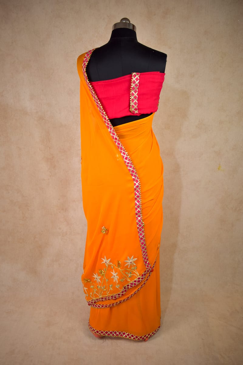 Georgette Gota Work Saree with Pink Gota Checks Border - KANHASAREE