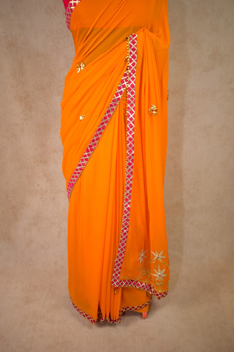 Georgette Gota Work Saree with Pink Gota Checks Border - KANHASAREE