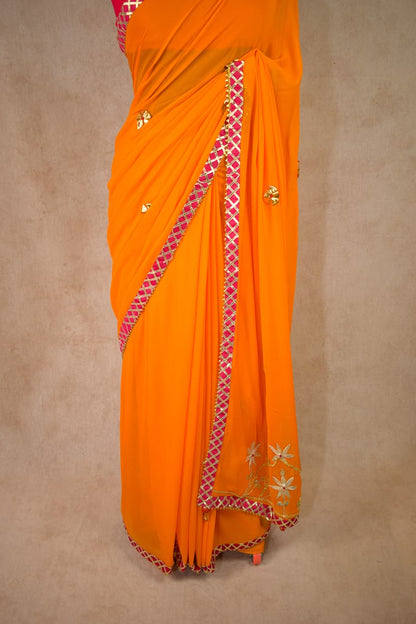 Georgette Gota Work Saree with Pink Gota Checks Border - KANHASAREE