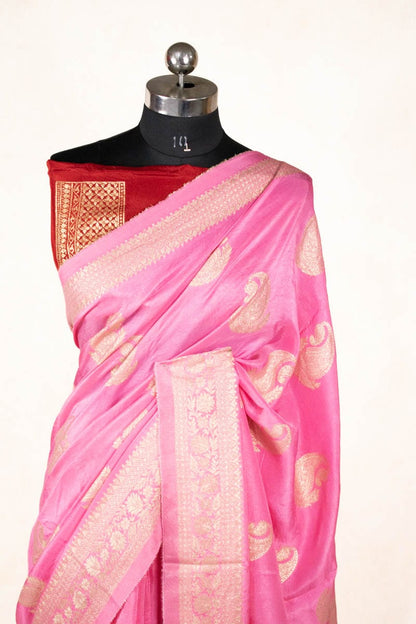 Pink Banarasi Silk Saree with Contrast Red Silk Blouse - KANHASAREE