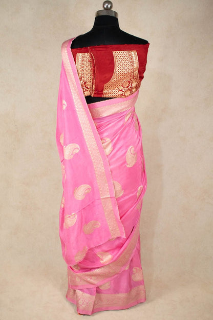 Pink Banarasi Silk Saree with Contrast Red Silk Blouse - KANHASAREE