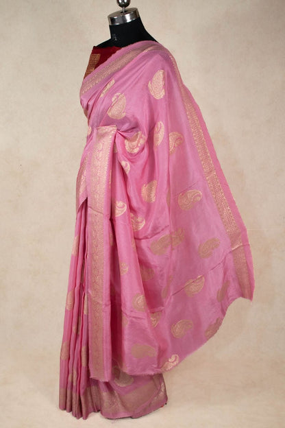 Pink Banarasi Silk Saree with Contrast Red Silk Blouse - KANHASAREE