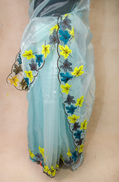 Organza Sky Blue Embroidery Saree - Floral Embroidered Border Handwork - KANHASAREE