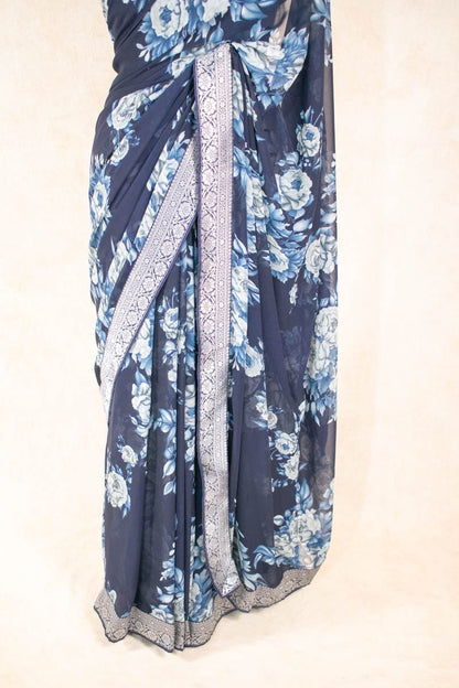 Georgette Floral Print Saree with Banarasi Border - KANHASAREE