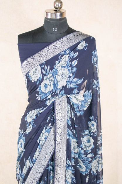 Georgette Floral Print Saree with Banarasi Border - KANHASAREE