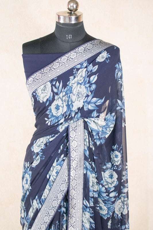 Georgette Floral Print Saree with Banarasi Border - Kanhasarees by ksds