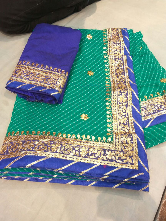 Georgette Bandhej Modhra Lahriya Saree with Gotta Patti and Kundan Work - KANHASAREE