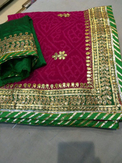 Georgette Bandhej Modhra Lahriya Saree with Gotta Patti and Kundan Work - KANHASAREE