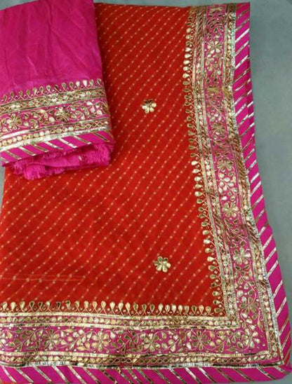 Georgette Bandhej Modhra Lahriya Saree with Gotta Patti and Kundan Work - KANHASAREE