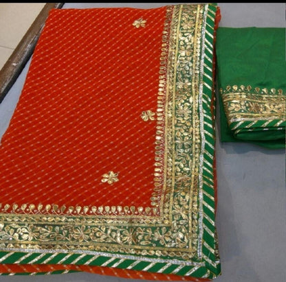 Georgette Bandhej Modhra Lahriya Saree with Gotta Patti and Kundan Work - KANHASAREE