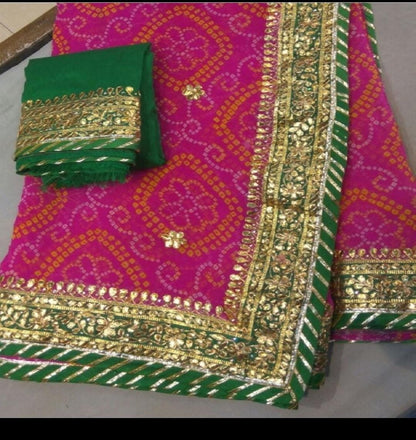 Georgette Bandhej Modhra Lahriya Saree with Gotta Patti and Kundan Work - KANHASAREE