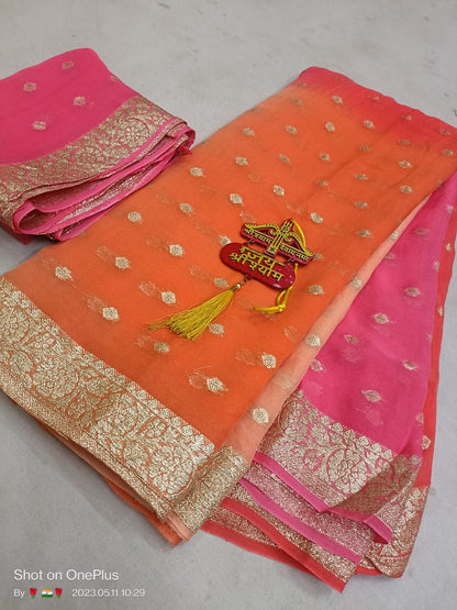 Pure Georgette Box Dyeing Saree with Jari Buti Border and Blouse Jari Work - KANHASAREE