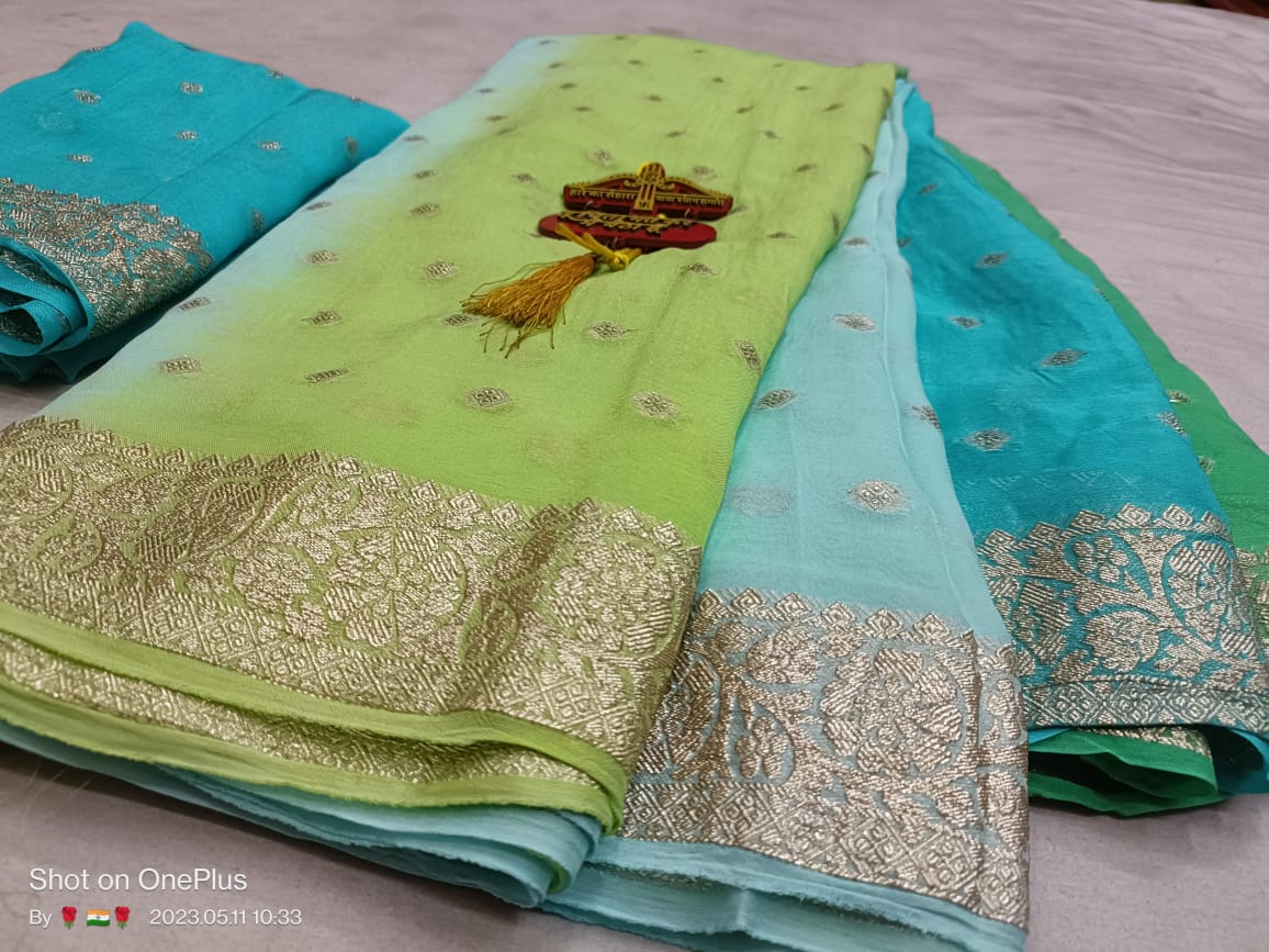 Pure Georgette Box Dyeing Saree with Jari Buti Border and Blouse Jari Work - KANHASAREE