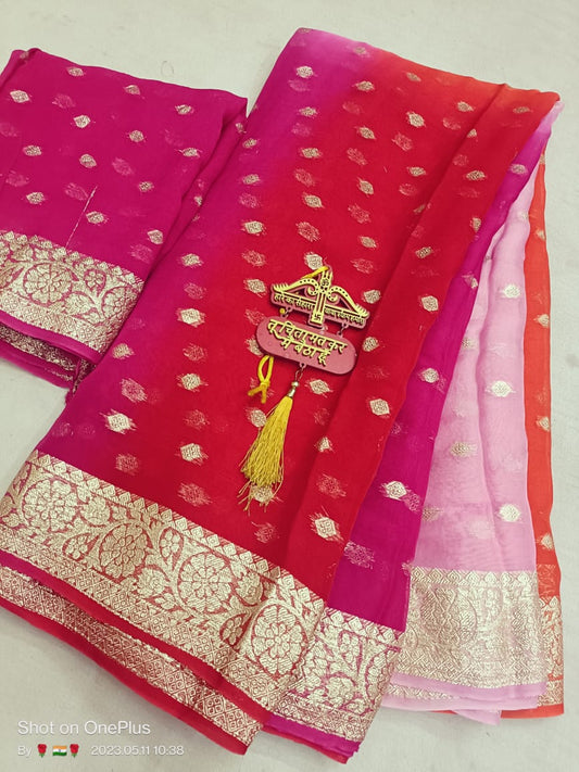 Pure Georgette Box Dyeing Saree with Jari Buti Border and Blouse Jari Work - KANHASAREE