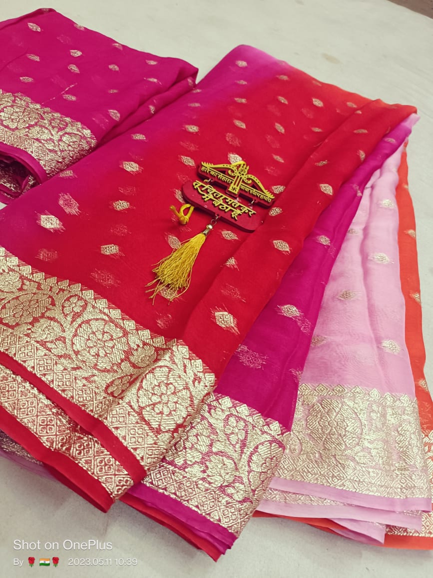 Pure Georgette Box Dyeing Saree with Jari Buti Border and Blouse Jari Work - KANHASAREE