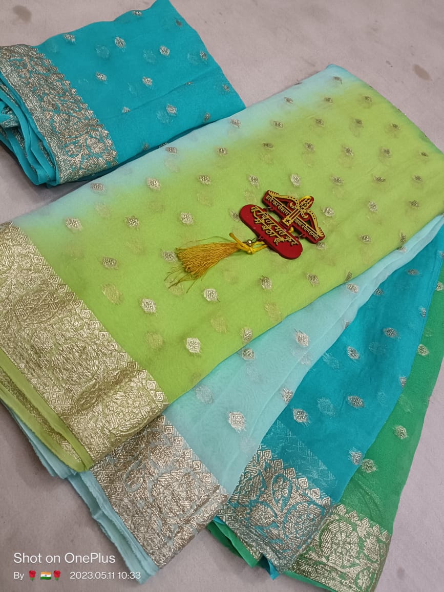 Pure Georgette Box Dyeing Saree with Jari Buti Border and Blouse Jari Work - KANHASAREE