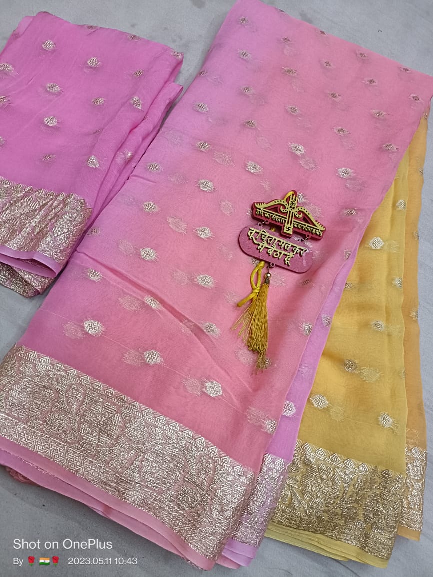 Pure Georgette Box Dyeing Saree with Jari Buti Border and Blouse Jari Work - KANHASAREE