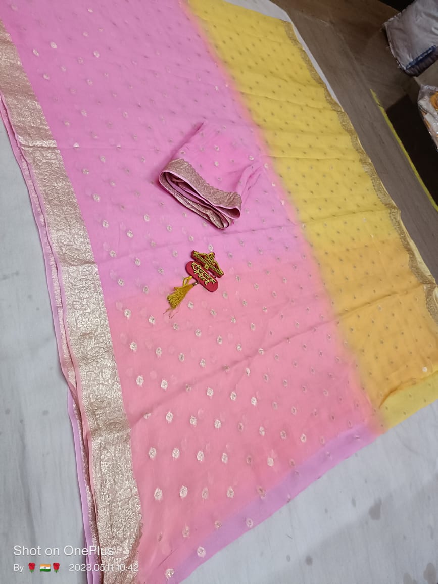 Pure Georgette Box Dyeing Saree with Jari Buti Border and Blouse Jari Work - KANHASAREE