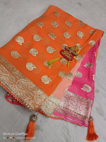 Pure Georgette Jari Buti Border Saree with Blouse - KANHASAREE