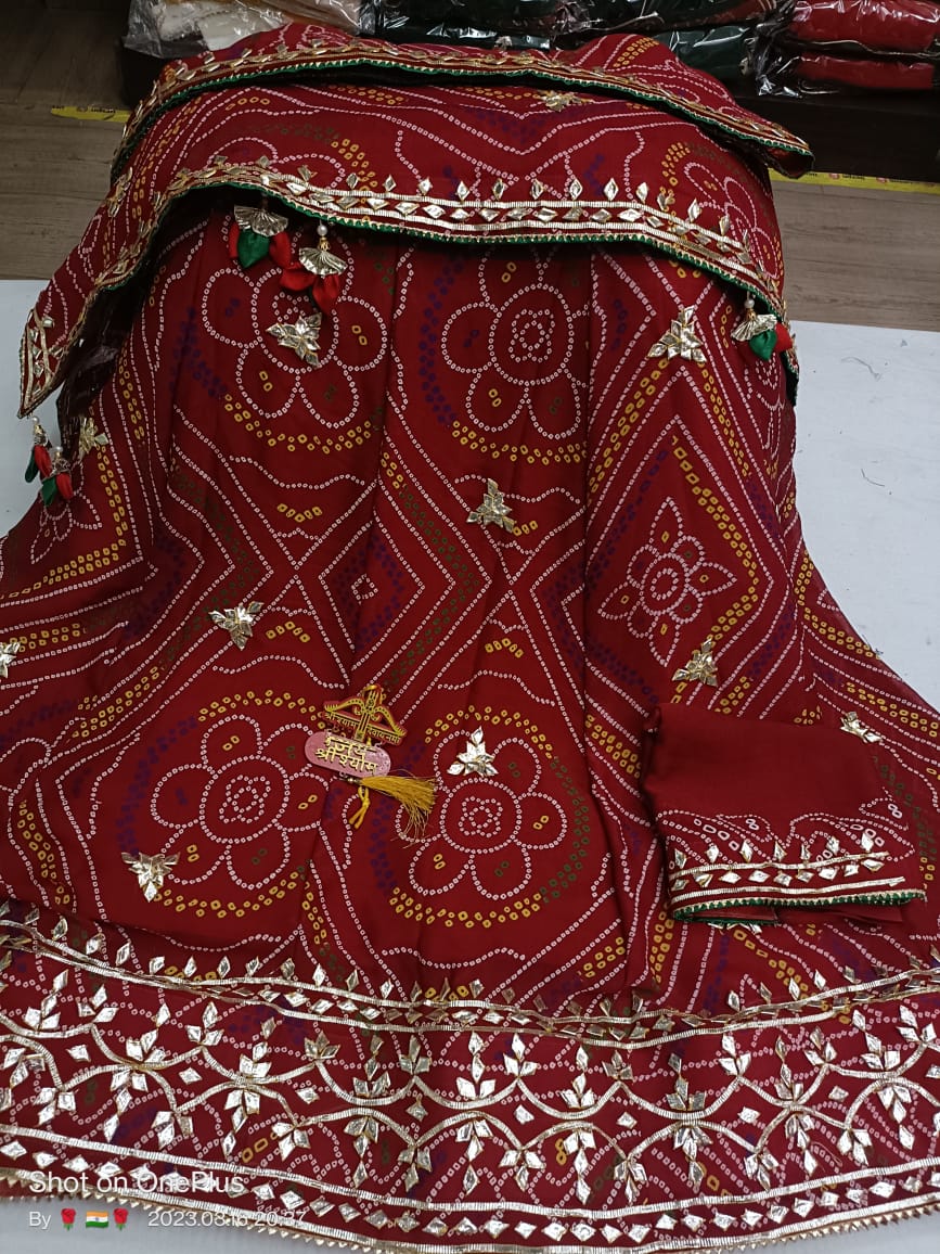 Pure Mos Crep Georgette Bandhani Gota Patti Chunri Lahenga - KANHASAREE