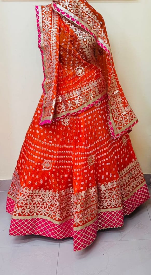 Bandhej Silk Lehenga with Gotta Patti Aari Work - KANHASAREE