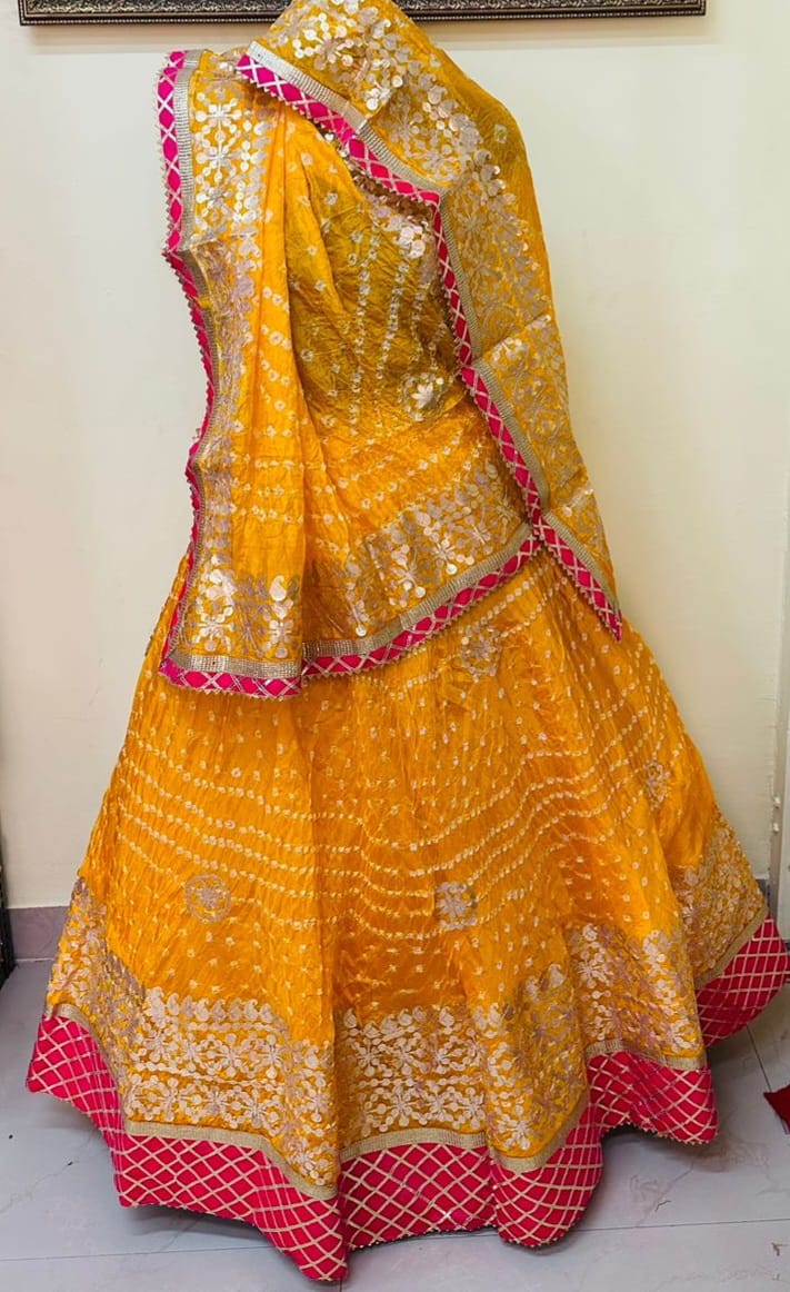 Bandhej Silk Lehenga with Gotta Patti Aari Work - KANHASAREE