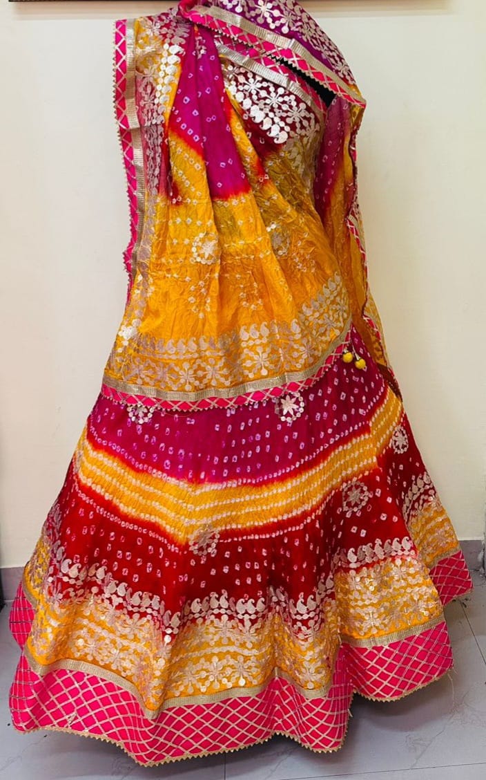 Bandhej Silk Lehenga with Gotta Patti Aari Work - KANHASAREE